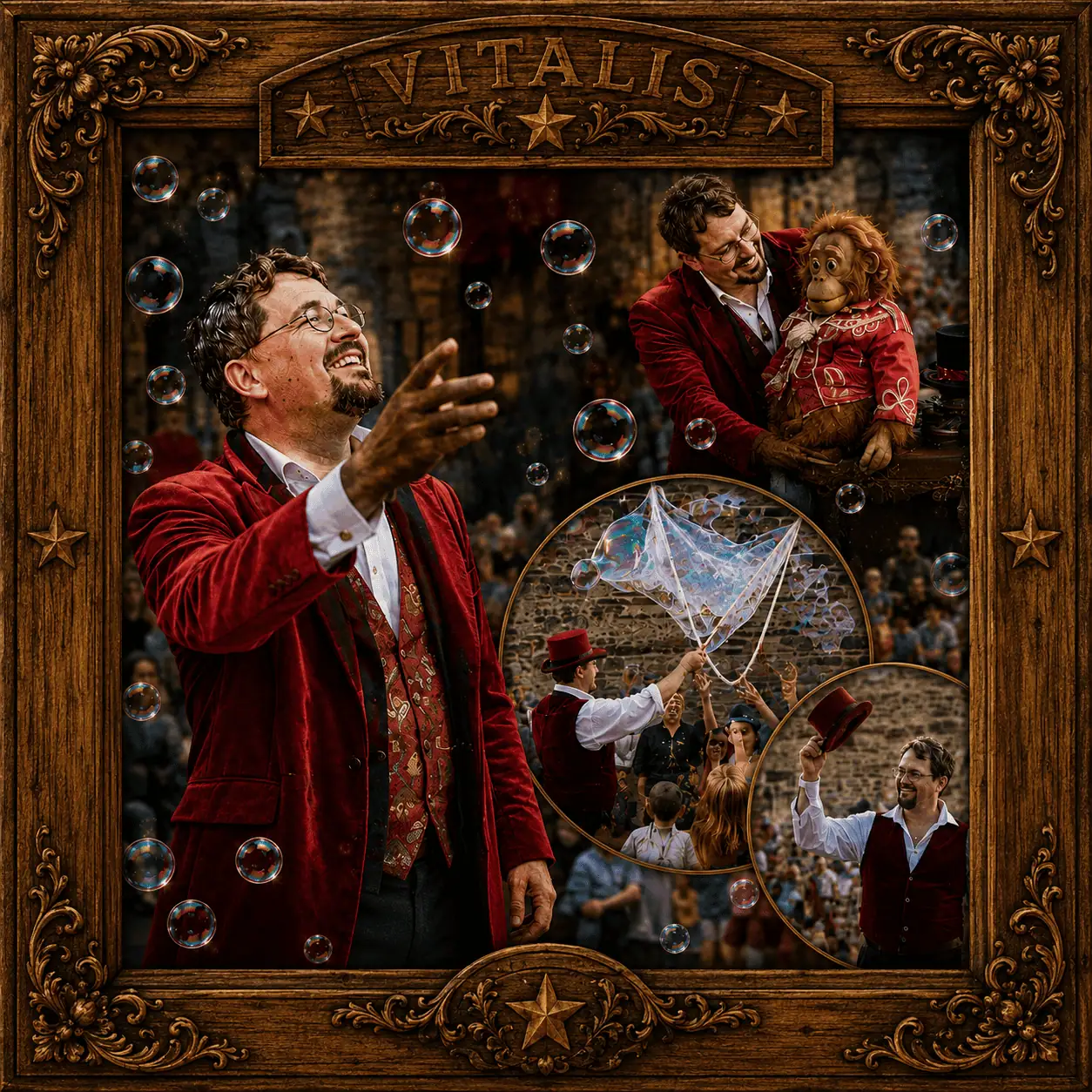 Vitalis en déambulation avec sa roulotte musicale en Bretagne