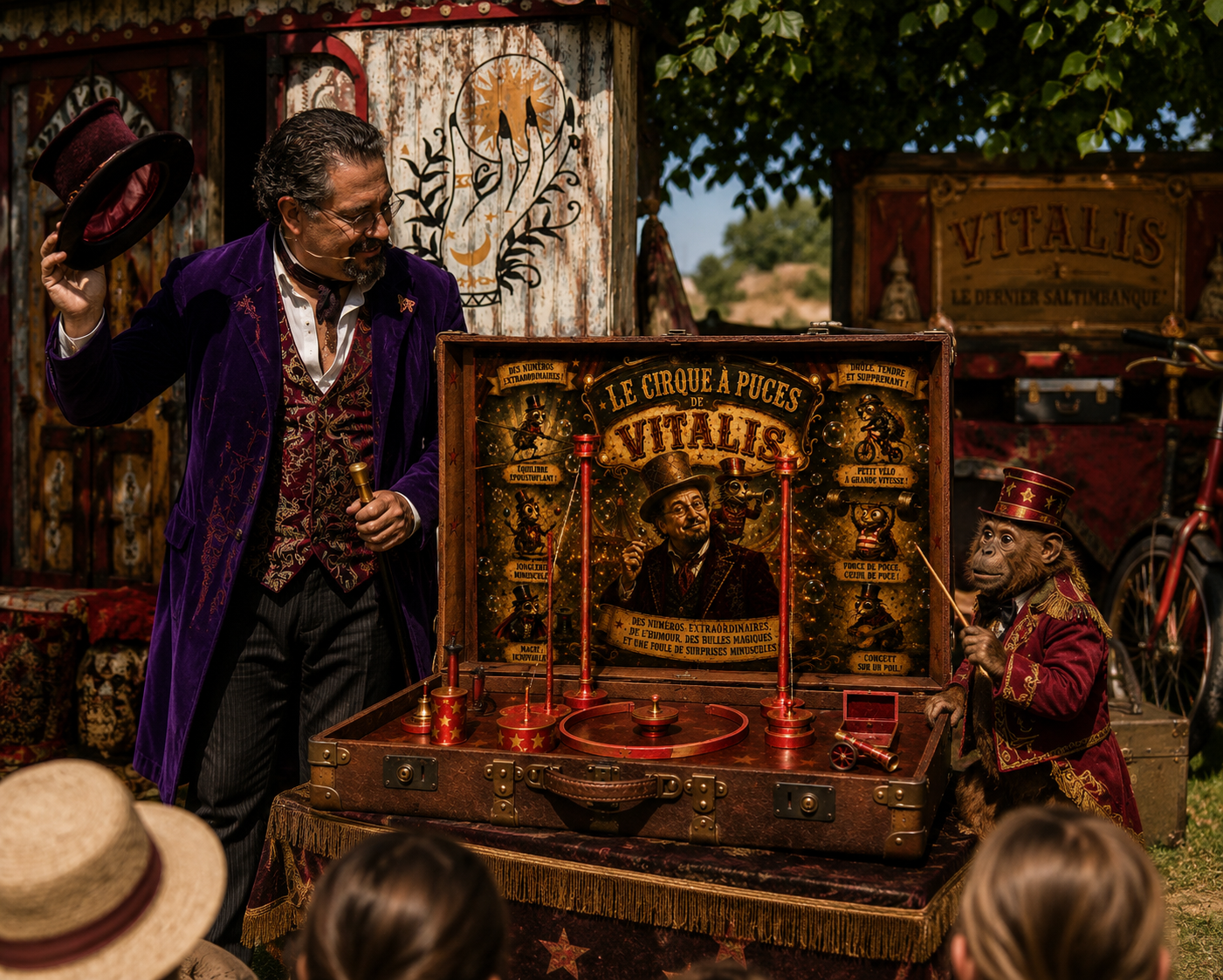 Vitalis et son singe présentent la malle du Cirque à Puces devant un public d'enfants en extérieur