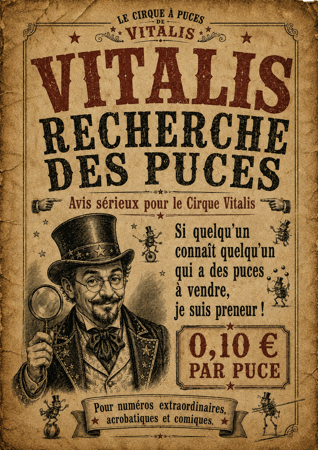 Avis de recherche humoristique de Vitalis pour recruter des puces pour Le Cirque à Puces