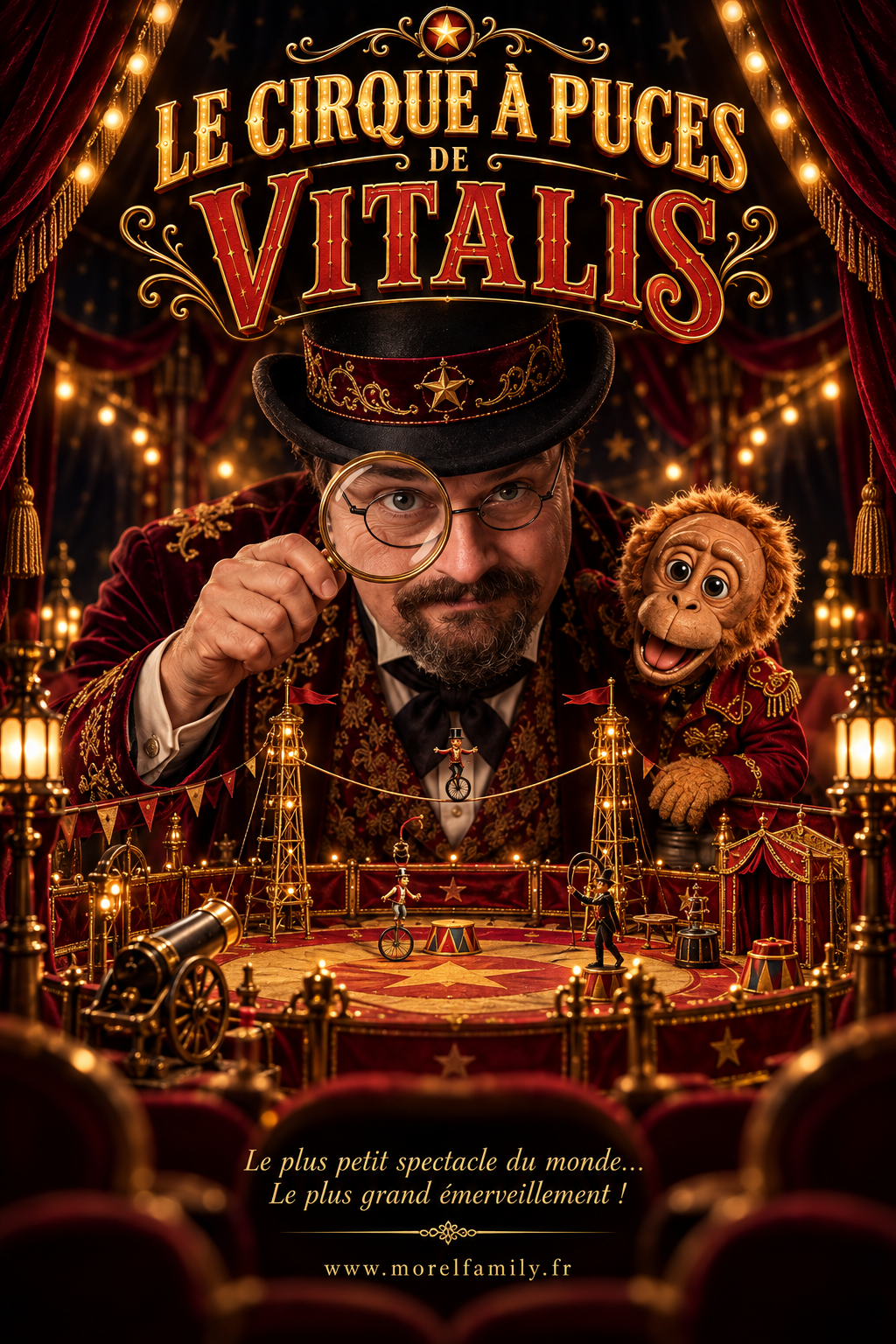Vitalis et son singe examinent à la loupe la piste miniature du Cirque à Puces de Vitalis