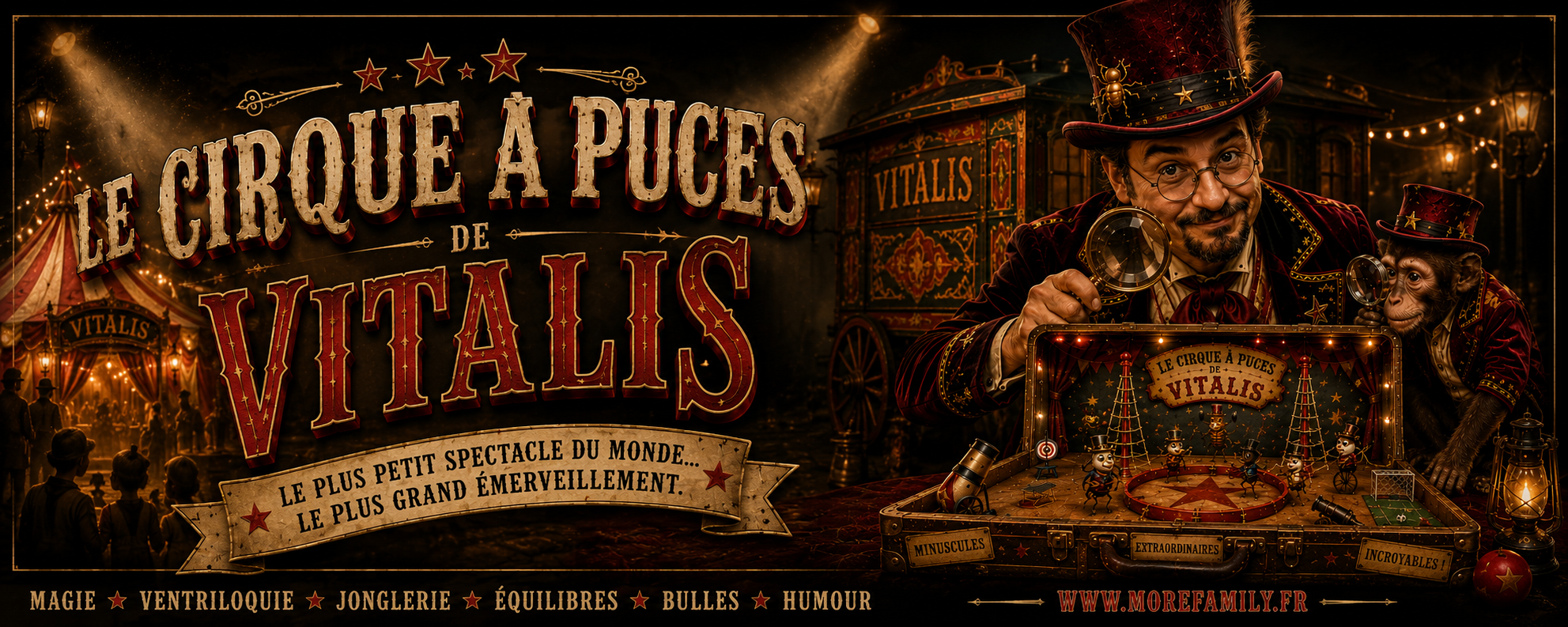 Bannière du spectacle Le Cirque à Puces de Vitalis, illustration façon affiche de cirque ancienne