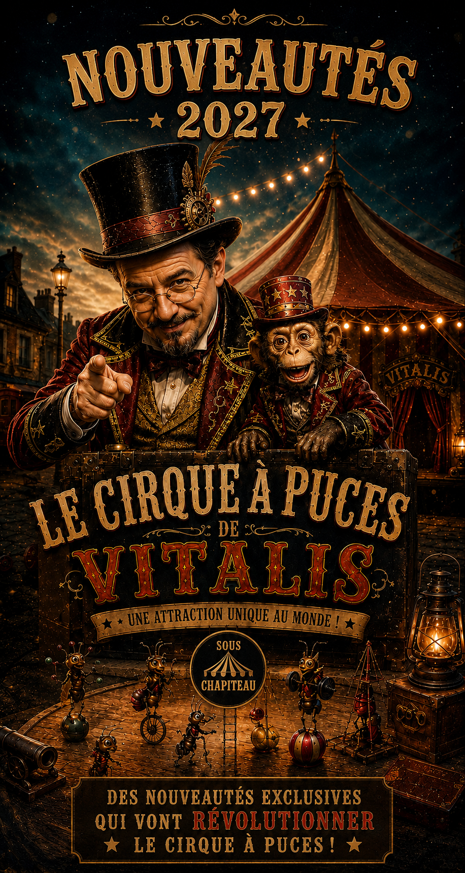 Affiche annonçant les nouveautés 2027 du Cirque à Puces de Vitalis