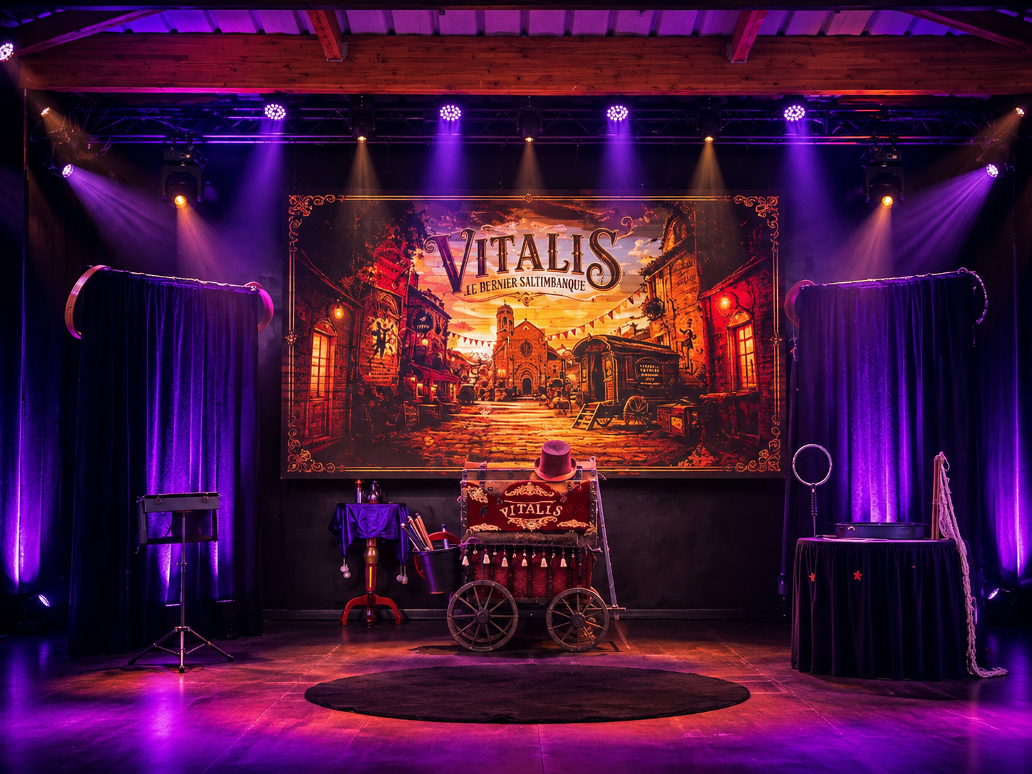 Scène du spectacle Vitalis, Le Dernier Saltimbanque, avant le lever de rideau
